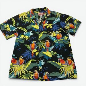 RJC Hawaiian Shirt Mens Large Black Parrot Tropical Aloha Made In USA Resort